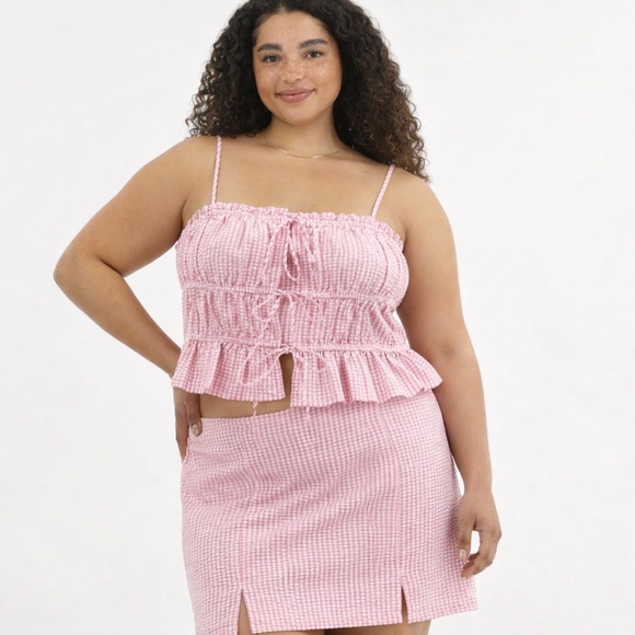 No Boundaries Dresses & Skirts - NEW No Boundaries Pink Seersucker Gingham Tie Front Cami Top Mini Skirt Set XXL